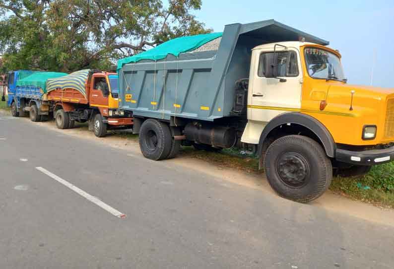 அனுமதி பெறாமல் எம்சாண்ட்  ஏற்றி வந்த லாரிகள் பறிமுதல்