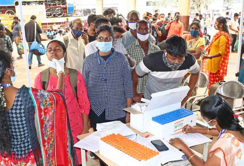 கோவை ரெயில் நிலையத்தில் கொரோனா பரிசோதனை தீவிரம் கோவை ரெயில் நிலையத்தில் கொரோனா பரிசோதனை தீவிரம்