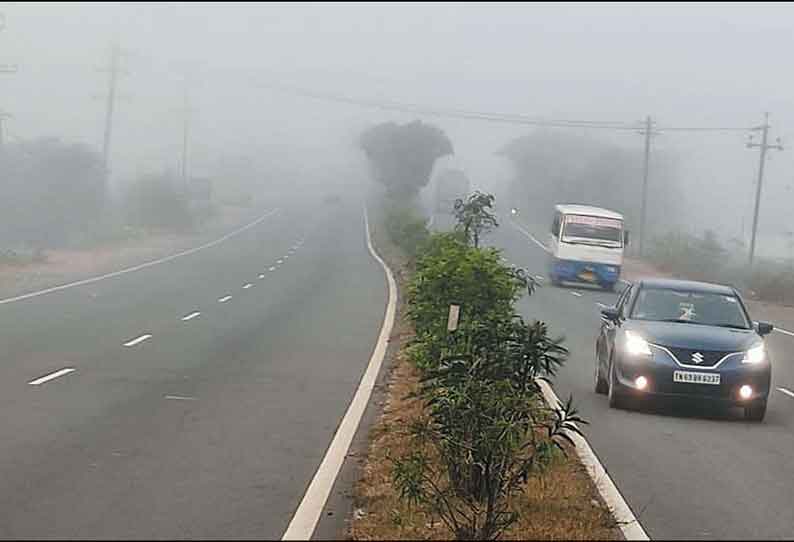 செங்கல்பட்டு பகுதியில் கடும் பனிப்பொழிவு வாகன ஓட்டிகள் கடும் அவதி