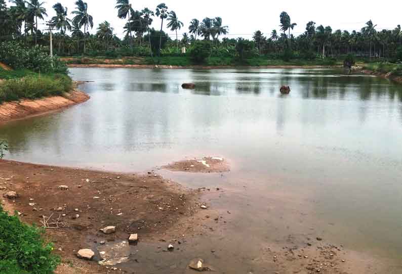 சுட்டெரிக்கும்  வெயிலினால் நத்தக்காடையூர் அருகே ரத்தினபுரி குளத்தின் நீர்மட்டம் வேகமாக குறைந்து வருகிறது.