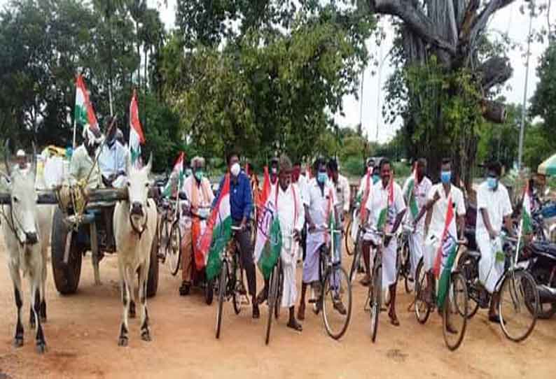 பெட்ரோல், டீசல் விலை உயர்வை கண்டித்து காங்கிரசார் மாட்டு வண்டி-சைக்கிள் ஊர்வலம்