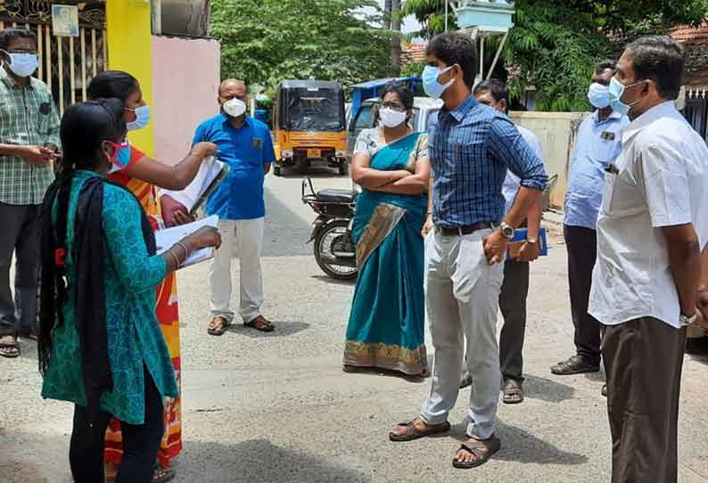 தர்மபுரி நகரில் ஒரே தெருவை சேர்ந்த 9 பேருக்கு கொரோனா தொற்று தடுப்பு பணிகளை உதவி கலெக்டர் ஆய்வு