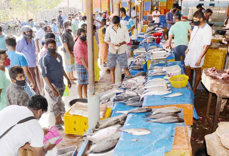 திருப்பூரில் மீன், இறைச்சி கடைகளில் நேற்று மக்கள் கூட்டம் அதிகமாக காணப்பட்டது.