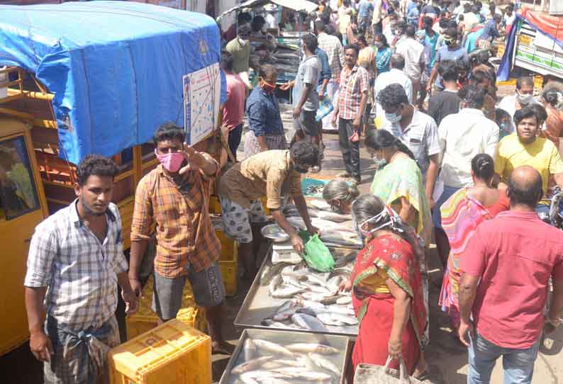 தஞ்சையில் மீன் வாங்குவதற்காக குவிந்த மக்கள்