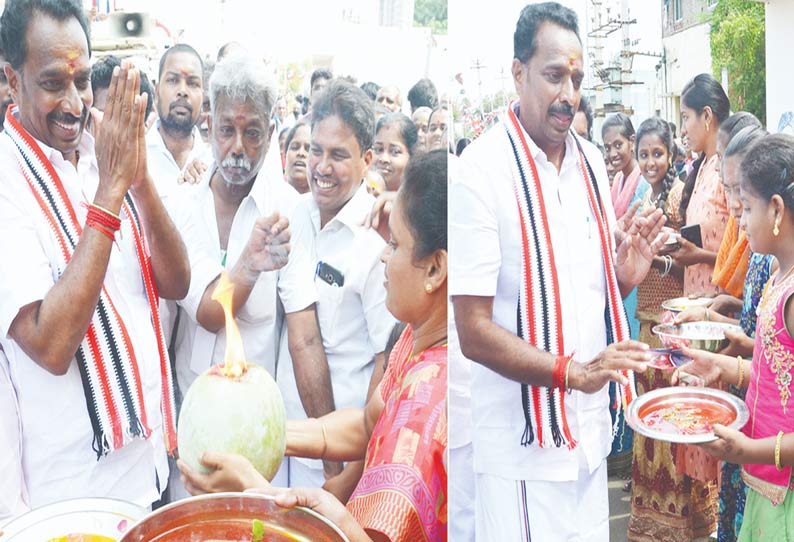 அ.தி.மு.க. வேட்பாளர் அமைச்சர் எம்.ஆர்.விஜயபாஸ்கருக்கு உற்சாக வரவேற்பு அளிக்கப்பட்டபோது