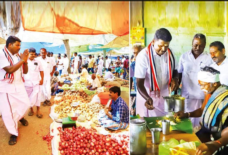 பொதுமக்களுக்கு உணவு பரிமாறி அ.தி.மு.க. வேட்பாளர் முத்துக்குமார் வாக்கு சேகரிப்பு