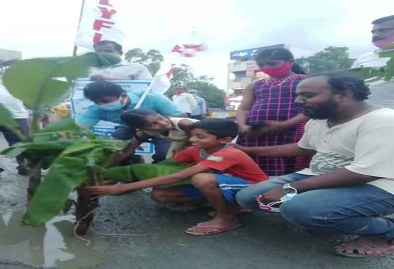 ரோட்டில் மரக்கன்று நட்டு ஆர்ப்பாட்டம்