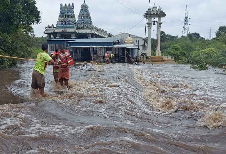 பாலாறு வெள்ளத்தில் சிக்கிய 2 காவலாளிகள் மீட்பு