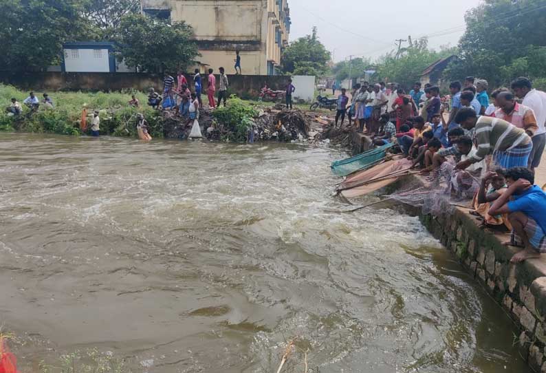 நிரம்பி வழிந்த கடுவனூர் ஏரி தண்ணீரில் கிராம மக்கள் போட்டி போட்டு மீன் பிடித்தனர்