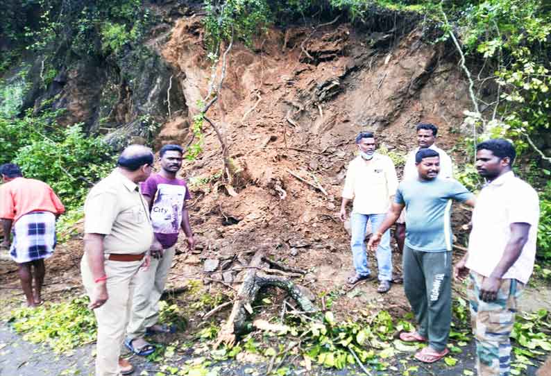 கடம்பூர் மலைப்பகுதியில் தொடர் மழை: மண் சரிவால் மரம் ரோட்டில் விழுந்தது