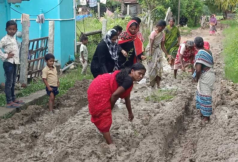 சேறும், சகதியுமான சாலையில் நாற்று நடும் போராட்டம்