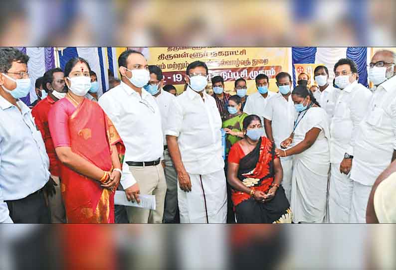 திருவள்ளூரில் 6-ம் கட்ட மெகா கொரோனா தடுப்பூசி சிறப்பு முகாம் - அமைச்சர், கலெக்டர் பார்வையிட்டு ஆய்வு