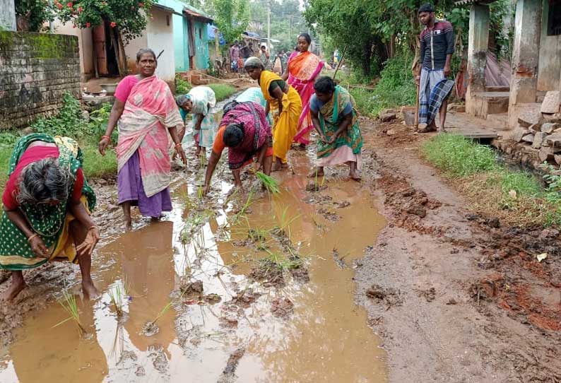 சேறும், சகதியுமான சாலையில் பெண்கள் நாற்று நட்டு போராட்டம்