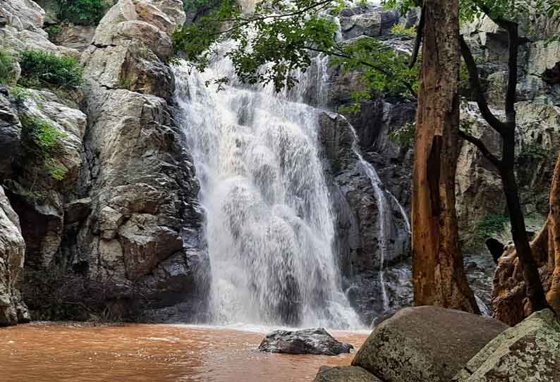 பர்கூர் மலைப்பகுதியில் 70 அடி உயரத்தில் இருந்து ஆர்ப்பரித்து கொட்டும் அருவி; சுற்றுலா பயணிகள் கண்டு ரசித்தனர்