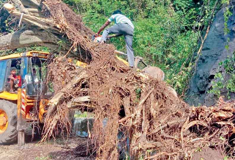 கொடைக்கானல் மலைப்பாதையில் 2-வது நாளாக சீரமைப்பு பணி