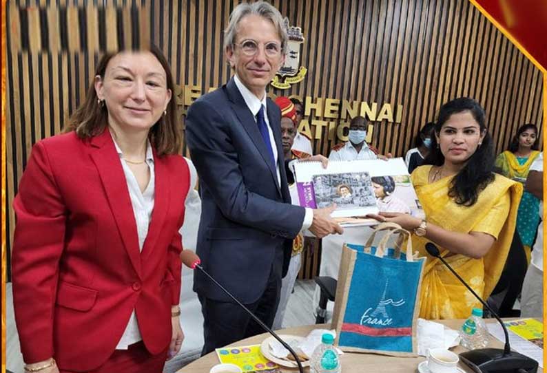 சென்னை மாநகராட்சி மேயர் பிரியாவுடன் பிரான்ஸ் நாட்டு தூதுவர் இம்மானுவேல் லெனைன் சந்திப்பு