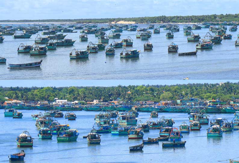 மீன்பிடி தடை காலம்:  ராமேசுவரத்தில் கடற்கரையில் நிறுத்தப்பட்ட விசைப்படகுகள்...!