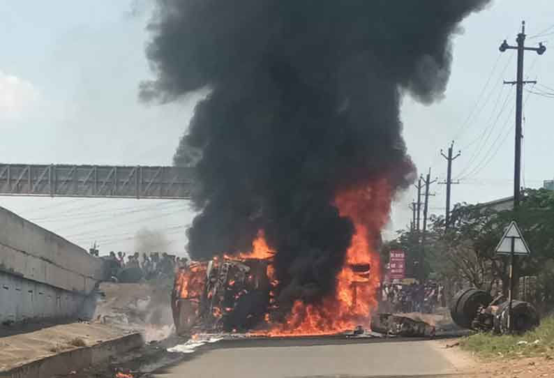 கருமத்தம்பட்டியில் பெயிண்ட் லாரி கவிழ்ந்து தீப்பிடித்து எரிந்தது. இதில் டிரைவர் உள்பட 2 பேர் காயம் அடைந்தனர்.