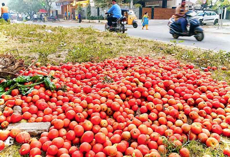 சாலையோரம் கொட்டப்படும் தக்காளிகள்