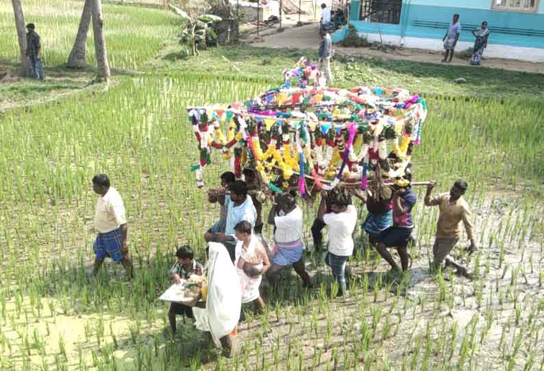 சுடுகாட்டுக்கு பாதை வசதி இல்லாததால் முதியவரின் உடலை வயல் வழியாக தூக்கி சென்ற அவலம்