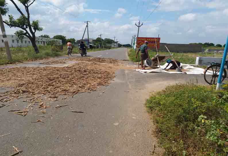 நெல் களமாக மாறிய சாலை