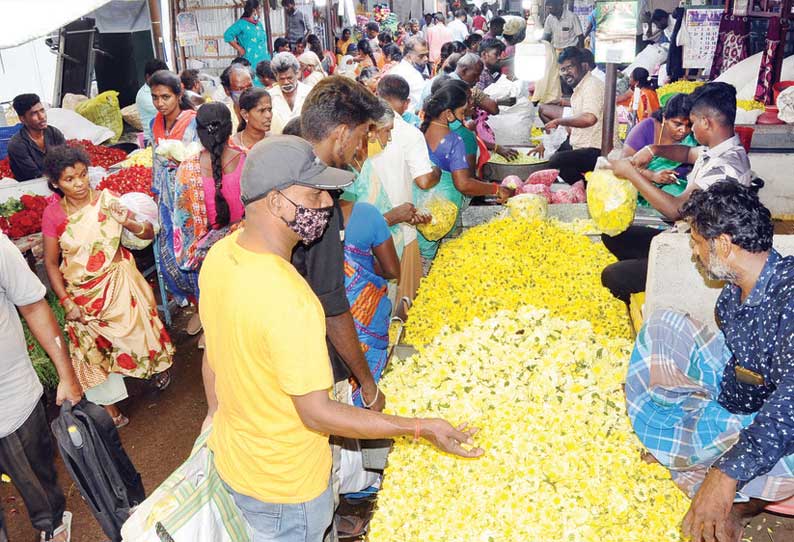 திருப்பூர் மார்க்கெட்டிற்கு பூக்களின் வரத்து அதிகரிப்பு