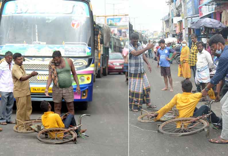 நடுரோட்டில் சைக்கிளை போட்டு ரகளை செய்த வாலிபர்