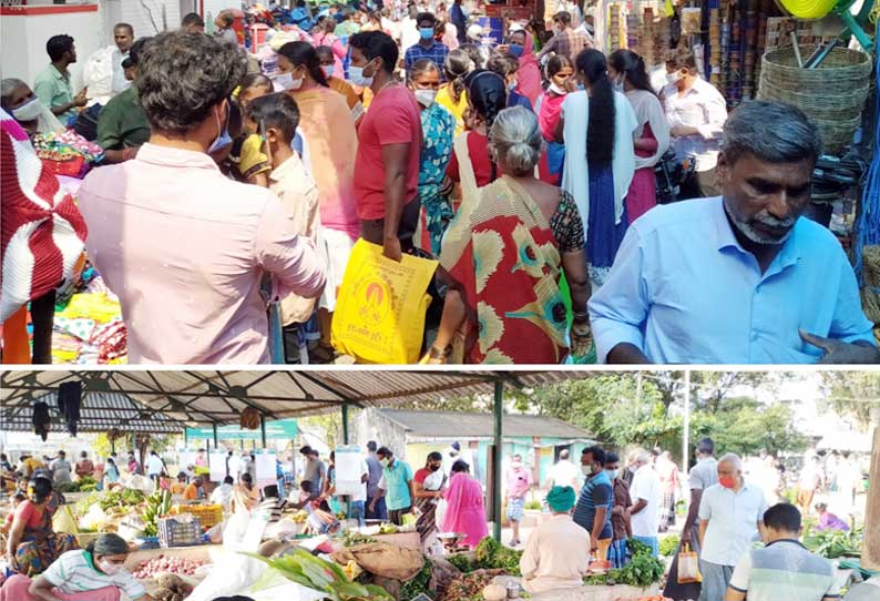 கடைவீதிகளில் அத்தியாவசிய பொருட்கள் வாங்க மக்கள் கூட்டம் அலைமோதல்