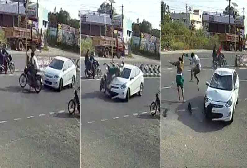 பொள்ளாச்சி அருகே மோட்டார் சைக்கிள் மீது கார் மோதி தூக்கி வீசப்பட்டத்தில் 2 பேர் படுகாயமடைந்தனர்.