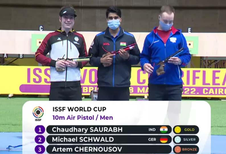 துப்பாக்கிசுடுதல் போட்டி; தங்கம் வென்ற இந்தியா..! வெண்கலம் வென்ற ரஷிய கொடி அகற்றம்...!