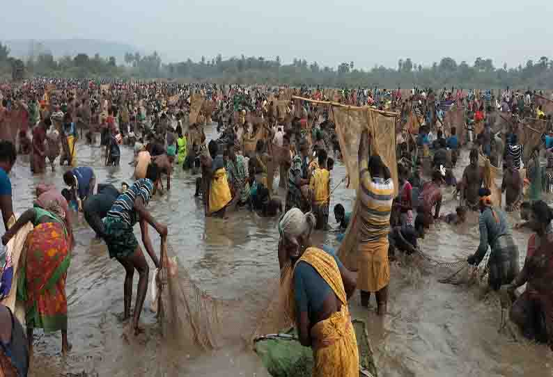 மீன்பிடி திருவிழாவில் மீன்களை பிடித்து மகிழ்ந்த கிராம மக்கள்