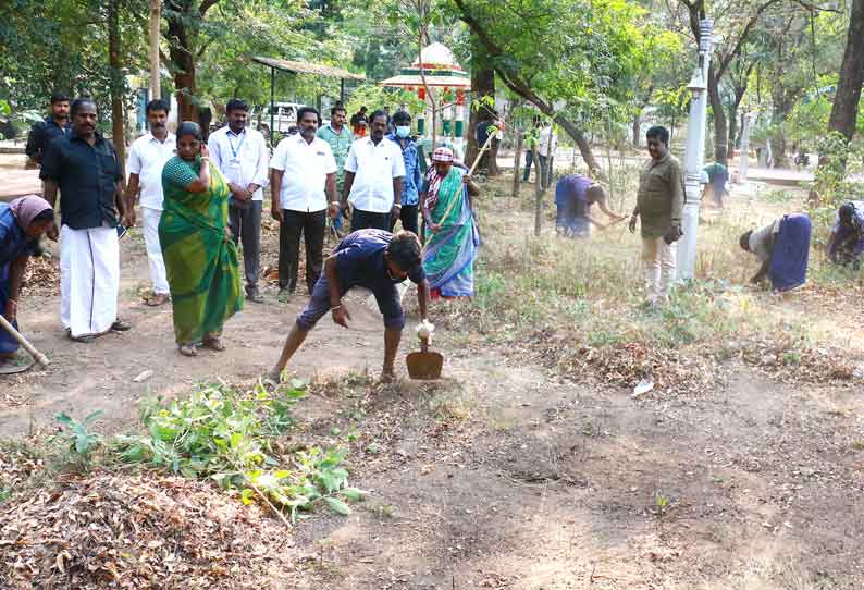 விழுப்புரம் நகராட்சி பூங்காவில் தூய்மைப்பணி