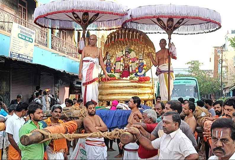 சோளிங்கரில் பிரமோற்சவ விழா  நாகவாகனத்தில் தேவியருடன் பக்தோசித பெருமாள் பவனி