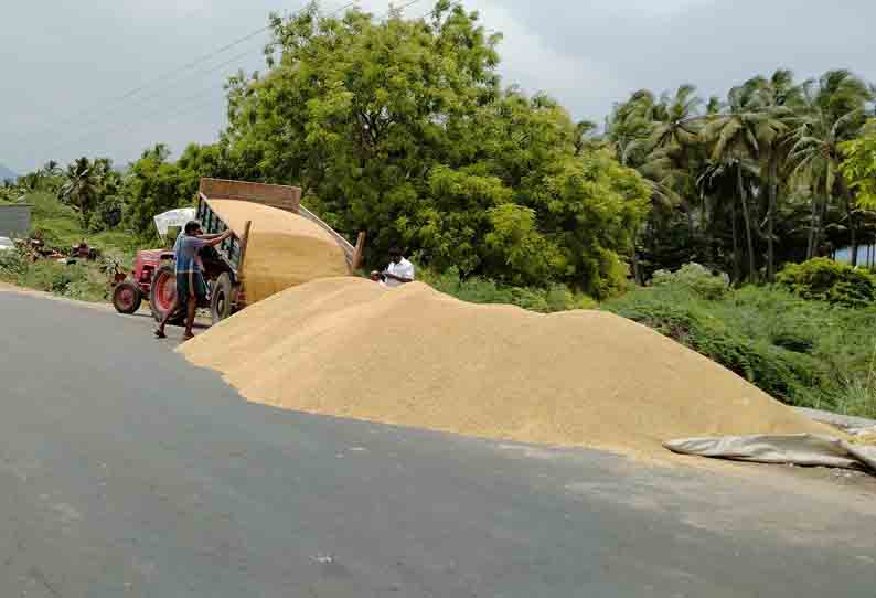 சாலையில் உலர வைக்கப்படும் நெல்