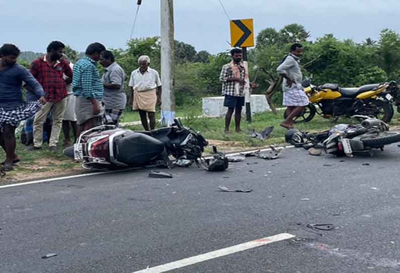 மோட்டார் சைக்கிள்கள் மோதிய விபத்தில் மாநகராட்சி ஊழியர் உள்பட 2 பேர் படுகாயம் அடைந்தனர்