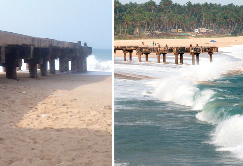 உயரமாக இருந்த பாலம் குட்டையானது குளச்சல் துறைமுக பாலத்தின் தூண்களை மூடும் மணல்