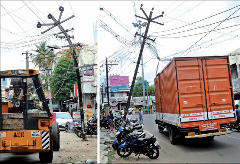 திருப்பூரில் வேன் மோதியதில் மின்கம்பங்கள் சேதம் மங்கலம் ரோட்டில் போக்குவரத்து பாதிப்பு