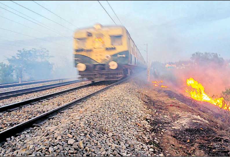 ரெயில் தண்டவாளம் அருகே முட்புதர்கள் தீ வைத்து எரிக்கப்பட்டதால் கடும் புகை மூட்டம்