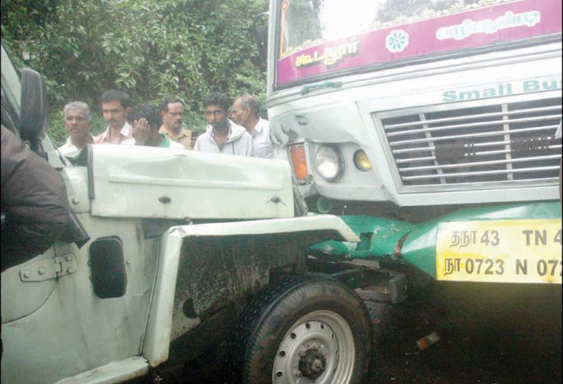 கூடலூர் அருகே அரசு பஸ் மீது ஜீப் மோதல்: போக்குவரத்து பாதிப்பு