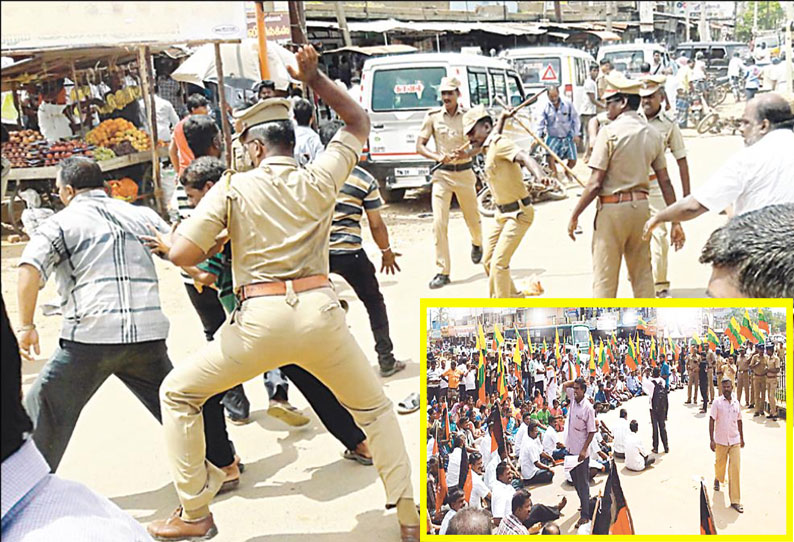 பணிநாட்கள் குறைப்பு நடவடிக்கைக்கு எதிர்ப்பு தெரிவித்து என்.எல்.சி. ஒப்பந்த தொழிலாளர்கள், அரசியல் கட்சியினர் சாலை மறியல்: போலீஸ் தடியடி