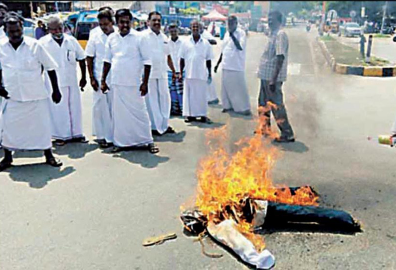 கட்சி பதவியில் இருந்து அமைச்சர் சி.வி.சண்முகம் நீக்கப்பட்டதை கண்டித்து டி.டி.வி.தினகரன் உருவ பொம்மையை அ.தி.மு.க.வினர் எரித்து போராட்டம்