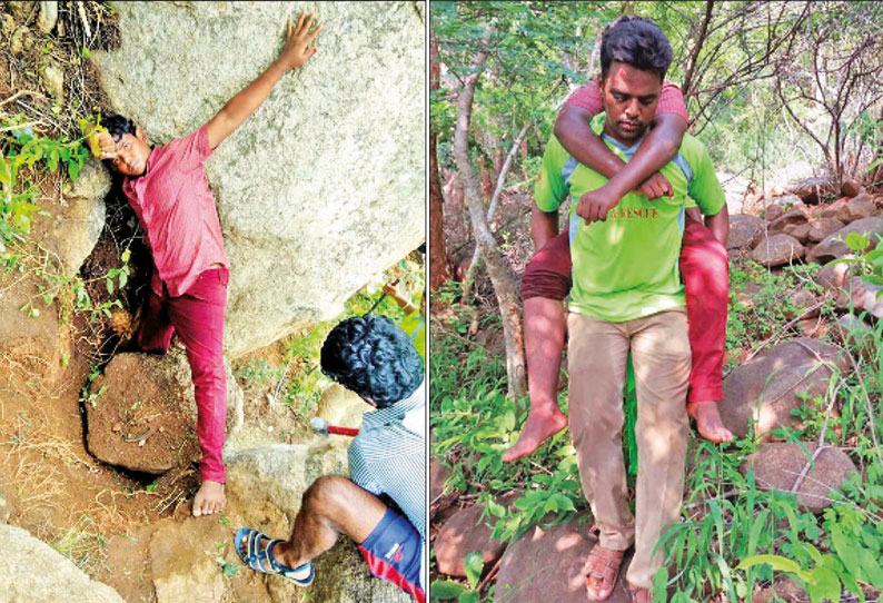 திருத்தணி மலையில் பாறை இடுக்கில் சிக்கிய மாணவர் தீயணைப்புத்துறையினர் மீட்டனர்