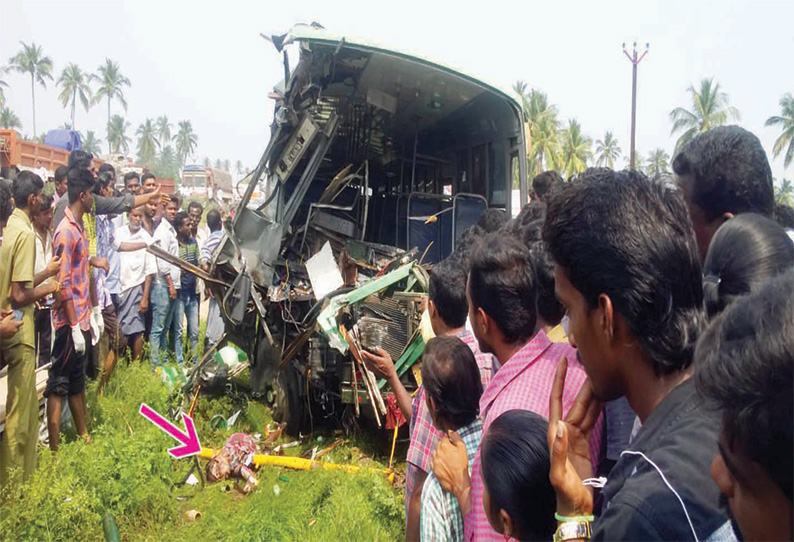 ஈரோடு அருகே டேங்கர் லாரி மீது பஸ் மோதல்; வடமாநில தொழிலாளி உடல் நசுங்கி சாவு