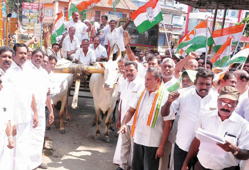 ரே‌ஷன் சர்க்கரை விலை உயர்வை கண்டித்து நாகர்கோவிலில் காங்கிரசார் மாட்டு வண்டி ஊர்வலம்