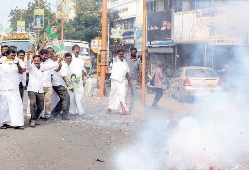 இரட்டை இலை சின்னம் மீண்டும் கிடைத்ததையொட்டி அ.தி.மு.க.வினர் பட்டாசு வெடித்து கொண்டாட்டம்