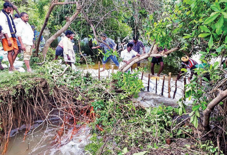 நீலமங்கலம் ஏரிக்கரை உடைந்து தண்ணீர் வெளியேற்றம்