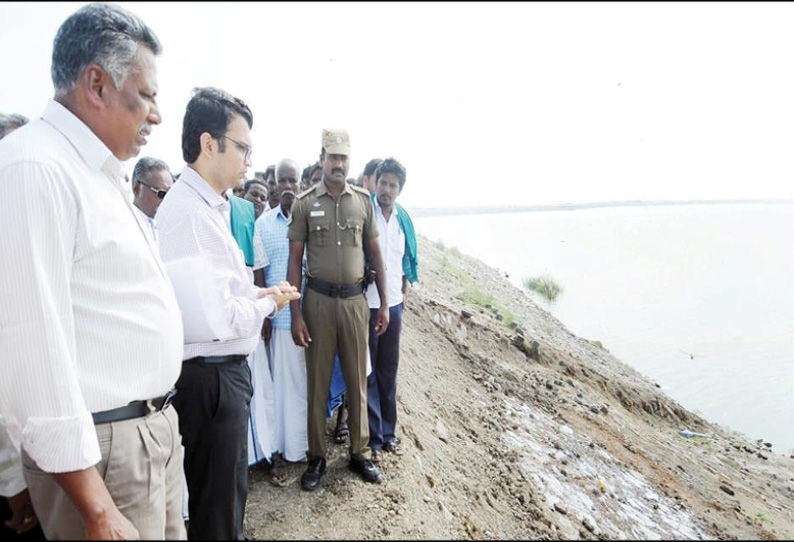 திட்டக்குடி அருகே வெலிங்டன் ஏரி கரையில் விரிசல் ஏற்பட்ட பகுதியை கலெக்டர் நேரில் ஆய்வு