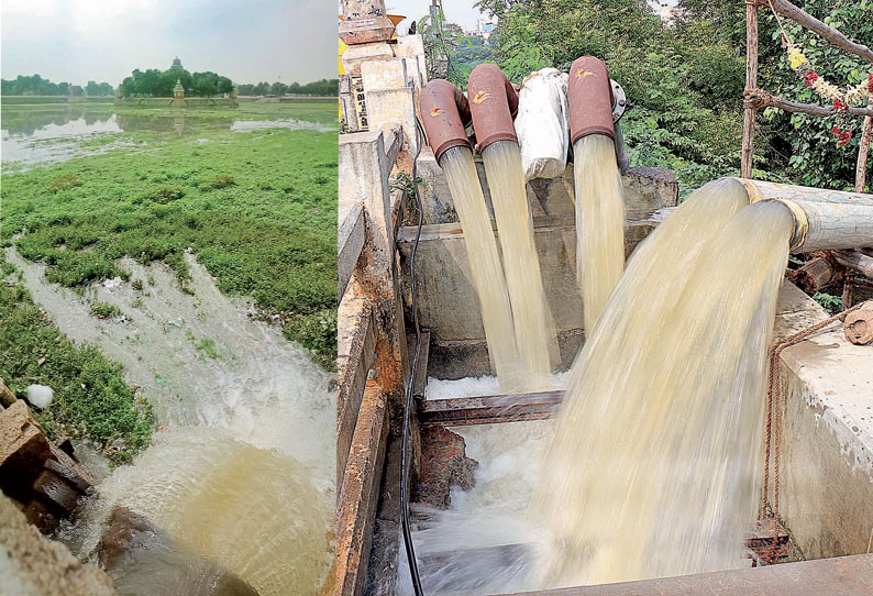 வைகை ஆற்றில் இருந்து ராட்சத குழாய்கள் மூலம் தண்ணீர் நிரப்பப்படுகிறது