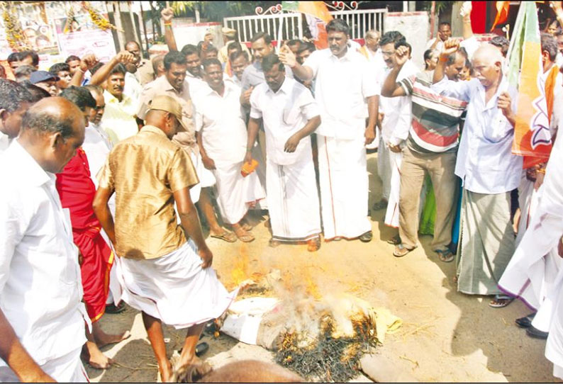 திருமாவளவன் உருவபொம்மையை எரித்து ஆர்ப்பாட்டம் பா.ஜனதா சார்பில் நடைபெற்றது