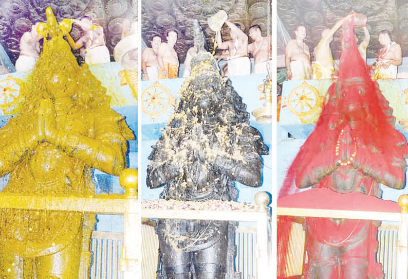 சுசீந்திரம் தாணுமாலயசாமி கோவிலில் 18 அடி உயர ஆஞ்சநேயர் சிலைக்கு 16 வகையான அபிஷேகம்